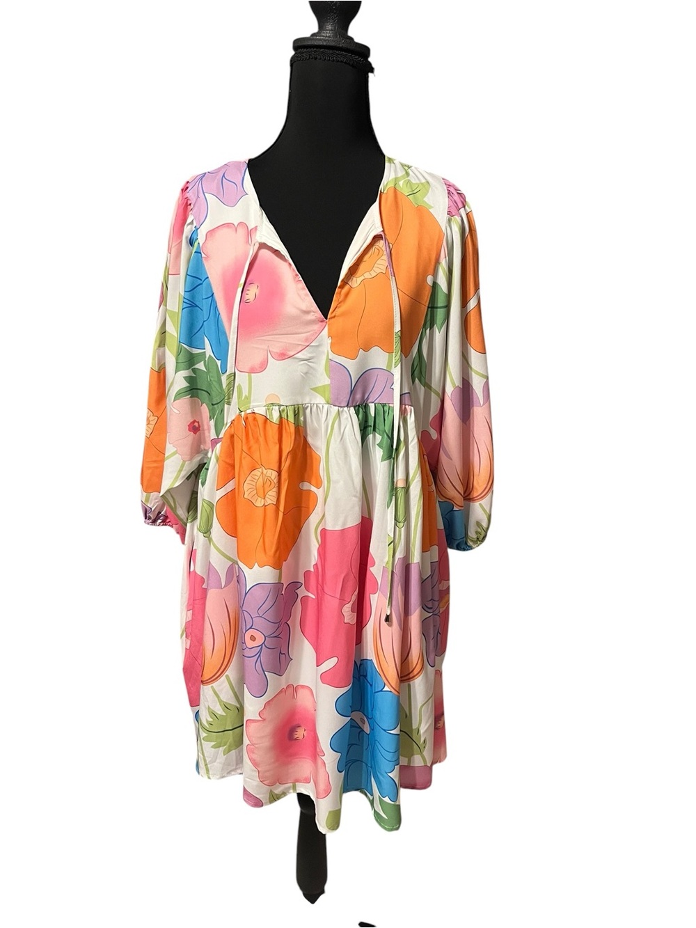Entro Floral Multicolor V-Neck Babydoll Dress Size Medium - Picture 2 of 6